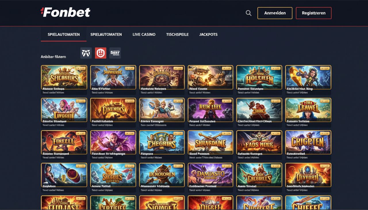 Startseite von Fonbet mit Spielkategorien und Slot-Auswahl