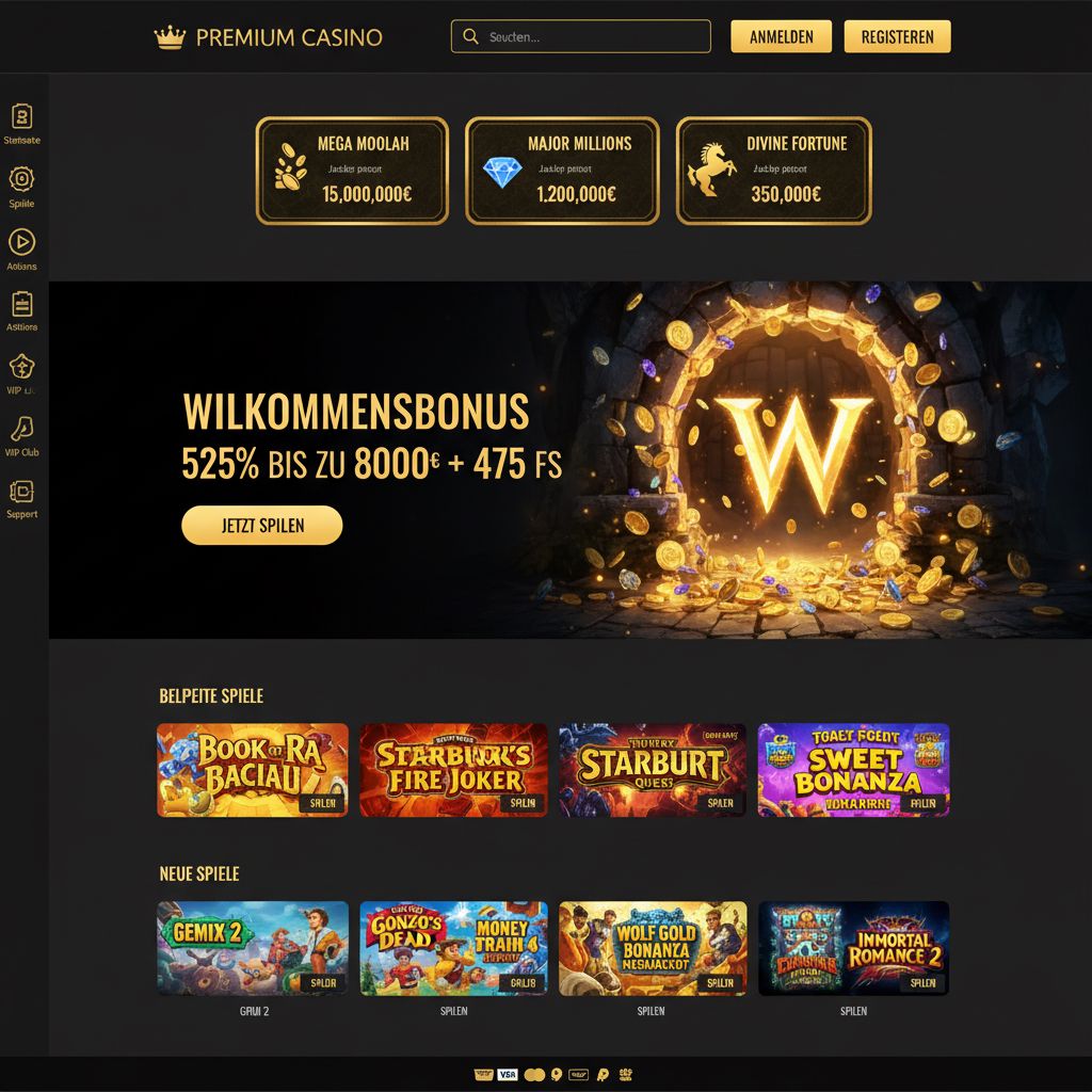 Startseite von Winhero mit Navigation, Spielkategorien und Übersicht der Casino Spiele