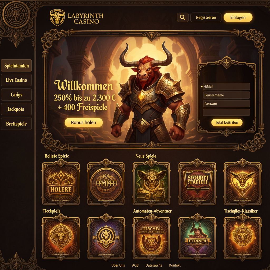 Startseite von Mino Casino mit Navigation, Kategorien und Slot-Übersicht