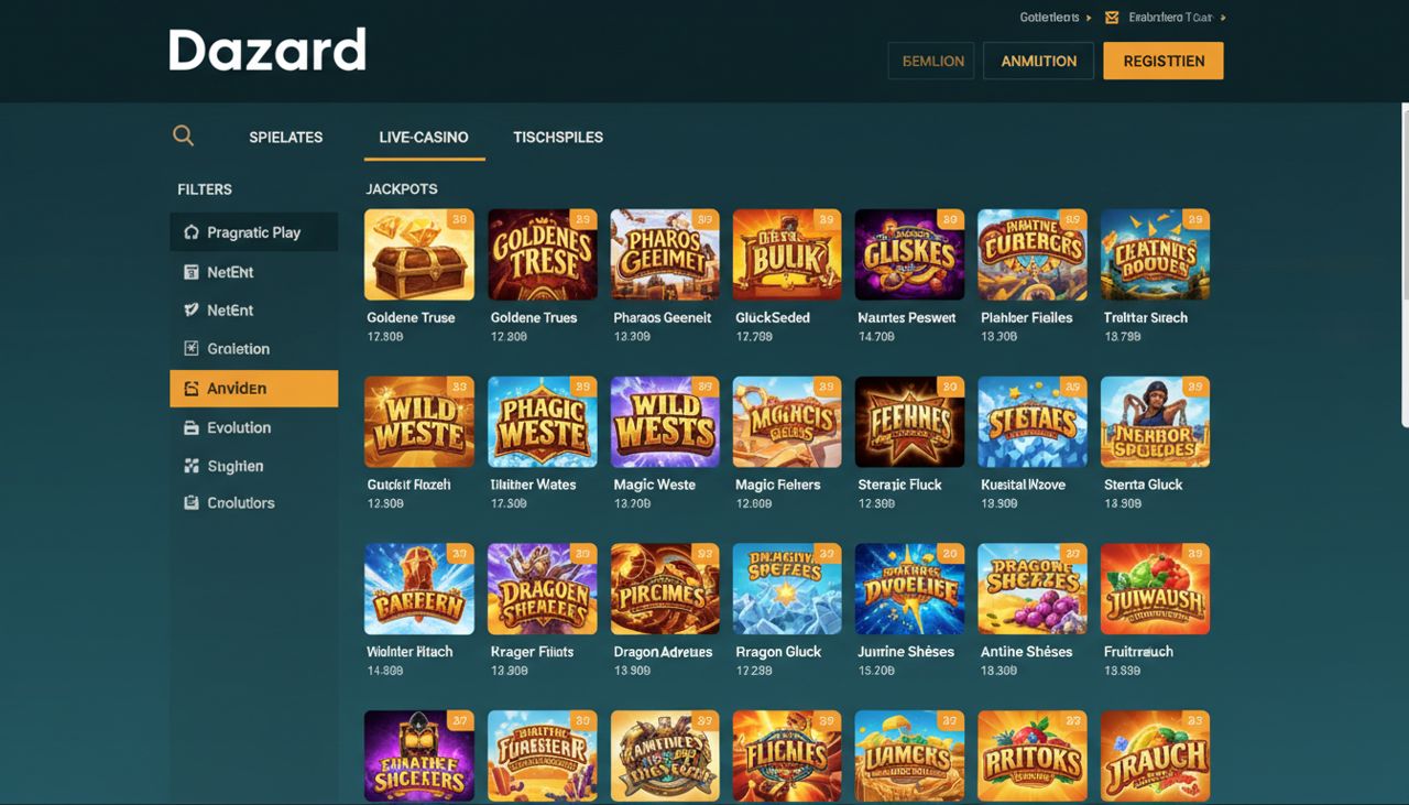 Startseite des Online Casinos Dazard mit Slots, Live Casino und weiteren Spielkategorien
