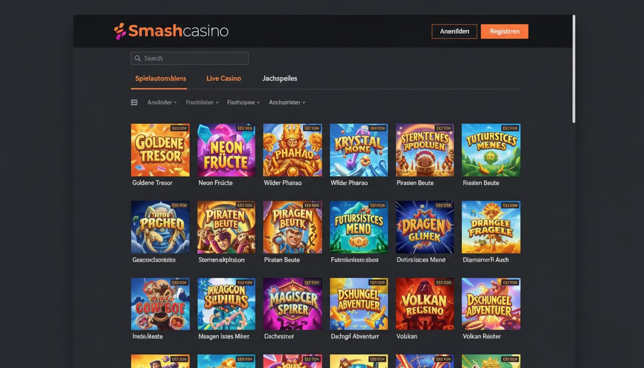 Startseite von Smashcasino mit Spielkategorien und Übersicht der Spielautomaten