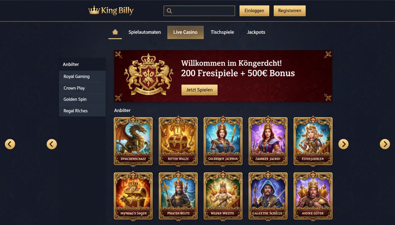 Startseite des King Billy Online Casinos mit Spielkategorien und Slot-Übersicht