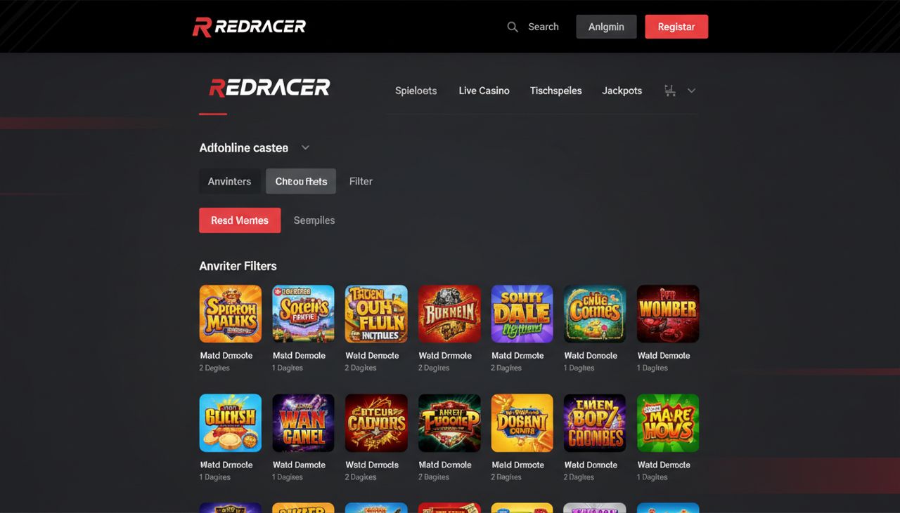 Startseite des Online Casinos Redracer mit Spielkategorien und Slot-Auswahl