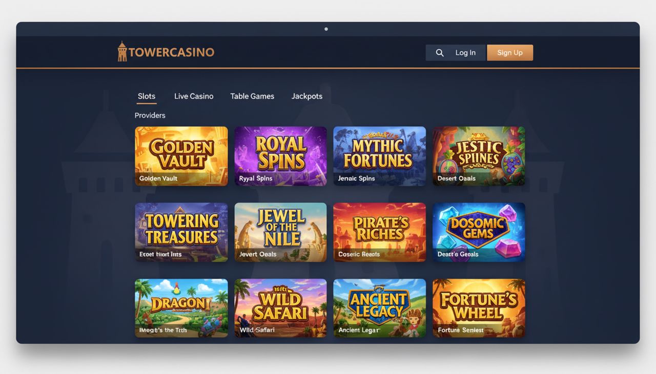 Startseite von TowerCasino mit Spielkategorien und Slot-Auswahl